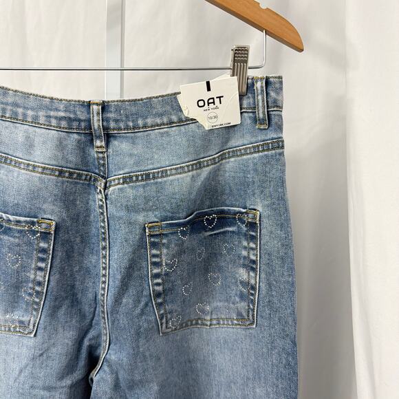 Oat New York High Rise Wide Leg Jeans Womens Size 10 30 Embellished Hearts Blue - Picture 9 of 11
